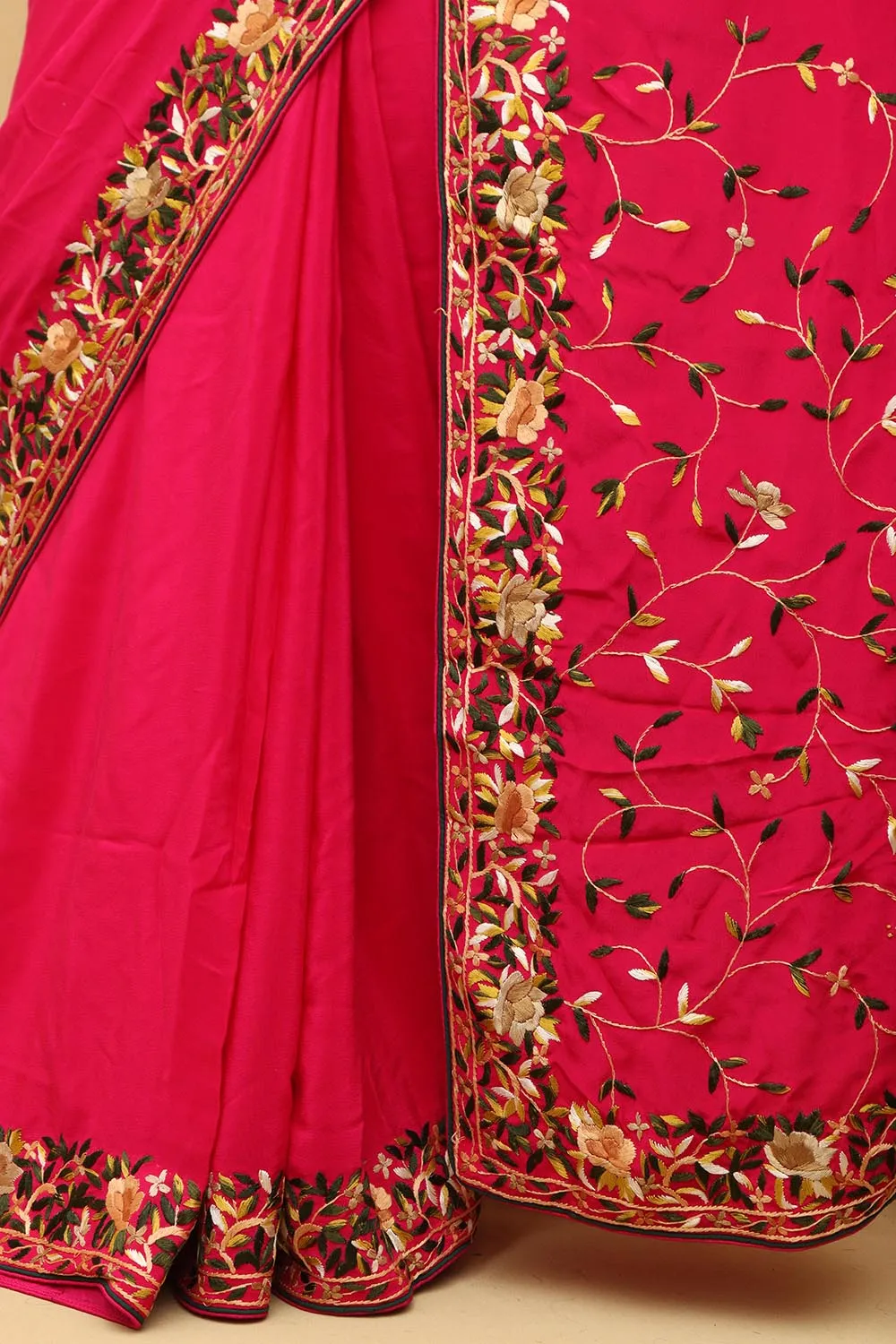 Beautiful Pink Hand Embroidered Parsi Gara Crepe Floral Design Saree