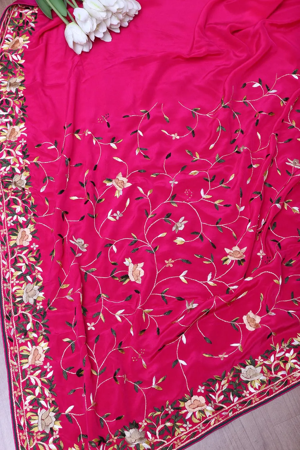 Beautiful Pink Hand Embroidered Parsi Gara Crepe Floral Design Saree