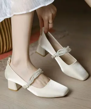 Beige Classy Beading Chunky Heel Satin Square Toe JJ061