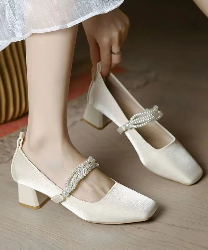 Beige Classy Beading Chunky Heel Satin Square Toe JJ061