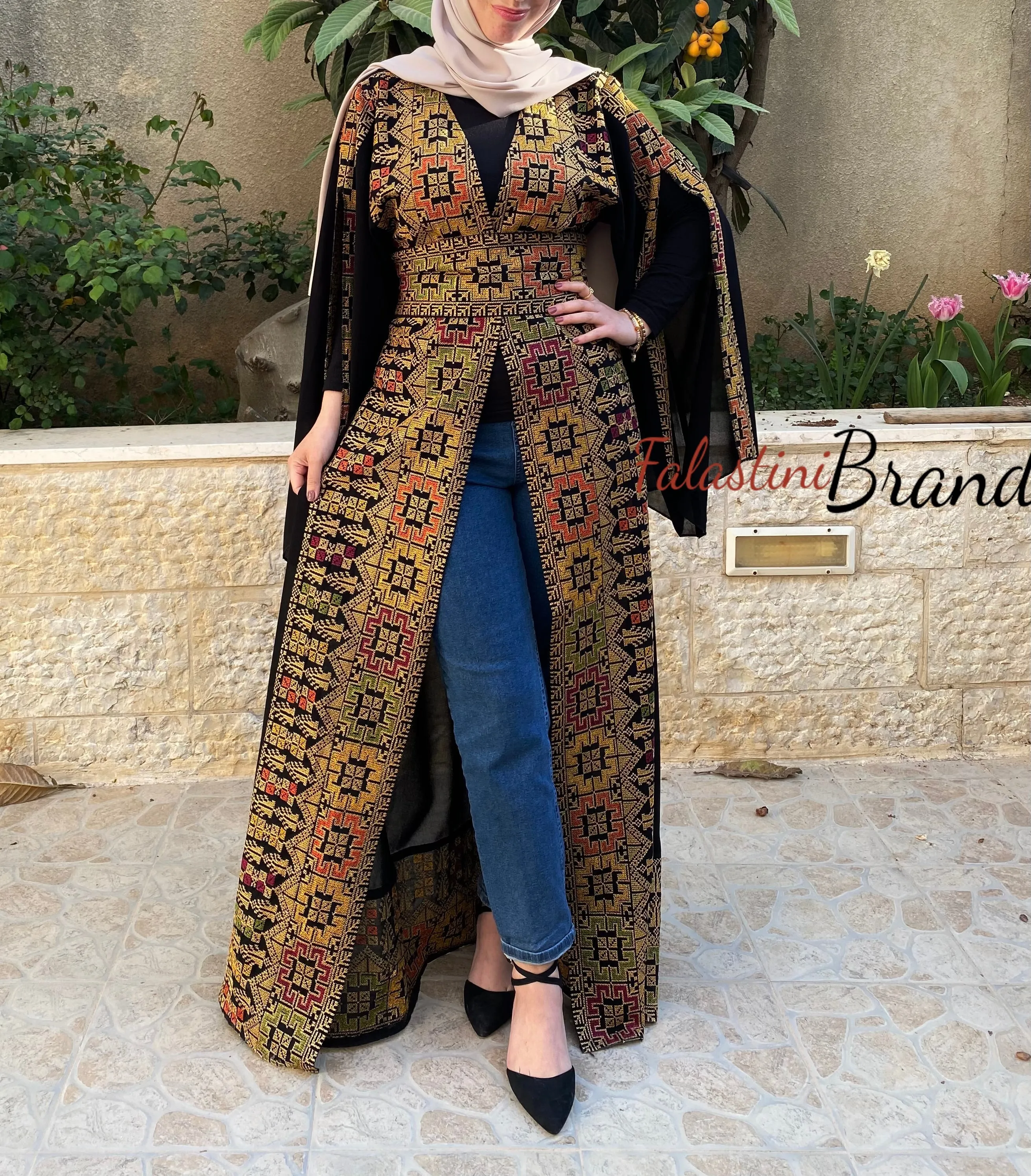 Black Golden Georgette Embroidered Open Abaya Kaftan Maxi Dress Long Split Sleeve