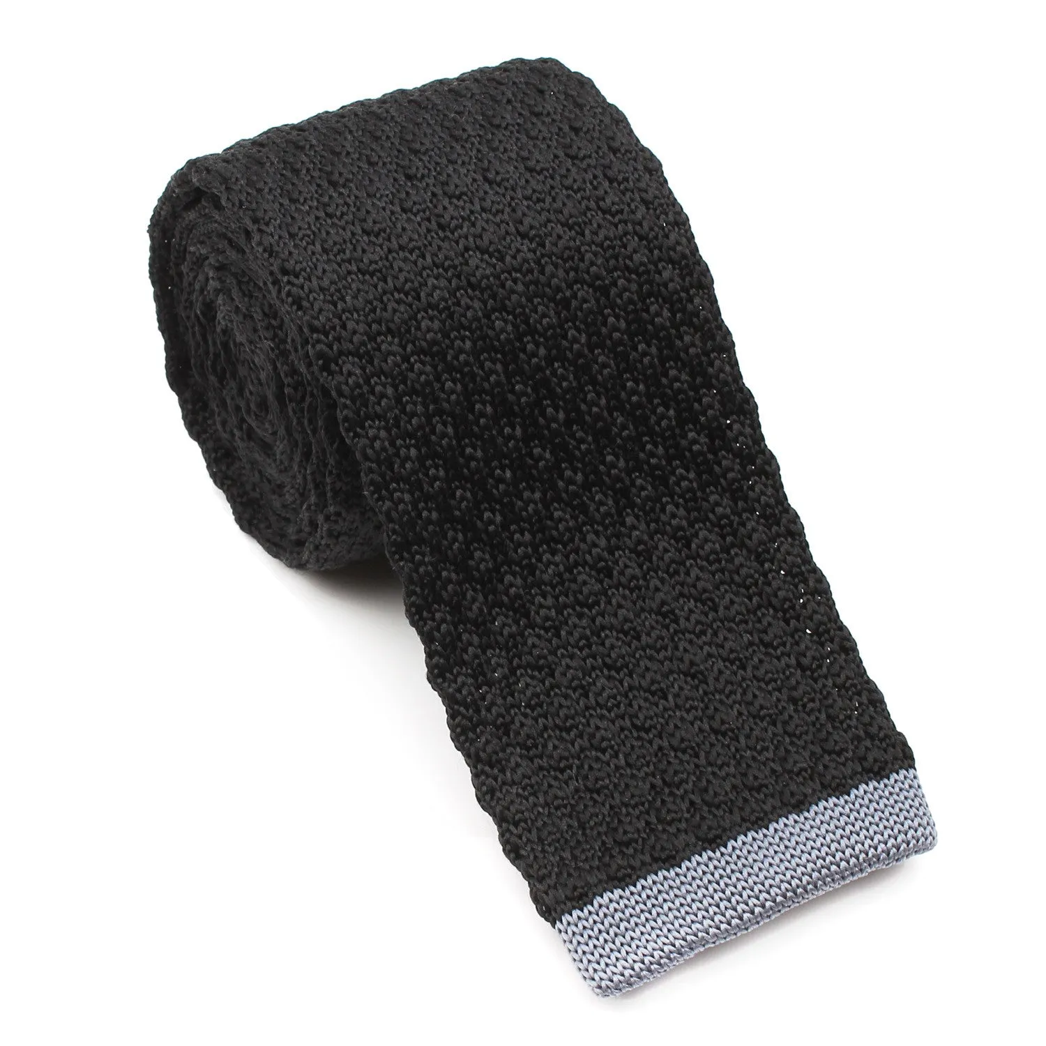 Black Knitted Tie with Grey Flat End