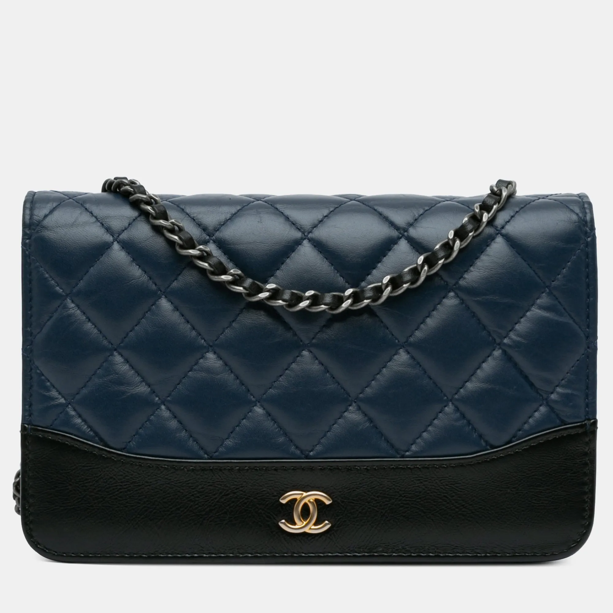 Blue/Black Quilted Aged Calfskin Leather Gabrielle Wallet On Chain