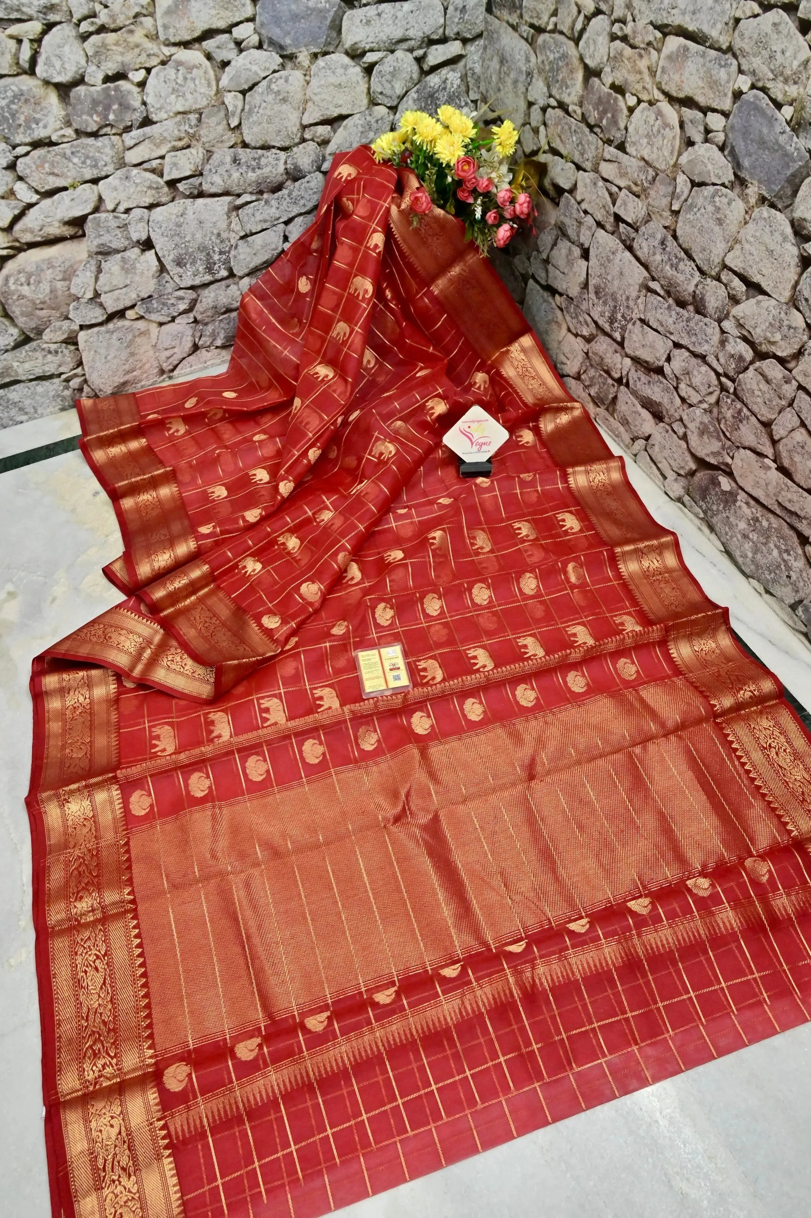 Brick Red Color Pure Chanderi Banarasi Saree with Golden Zari Checks