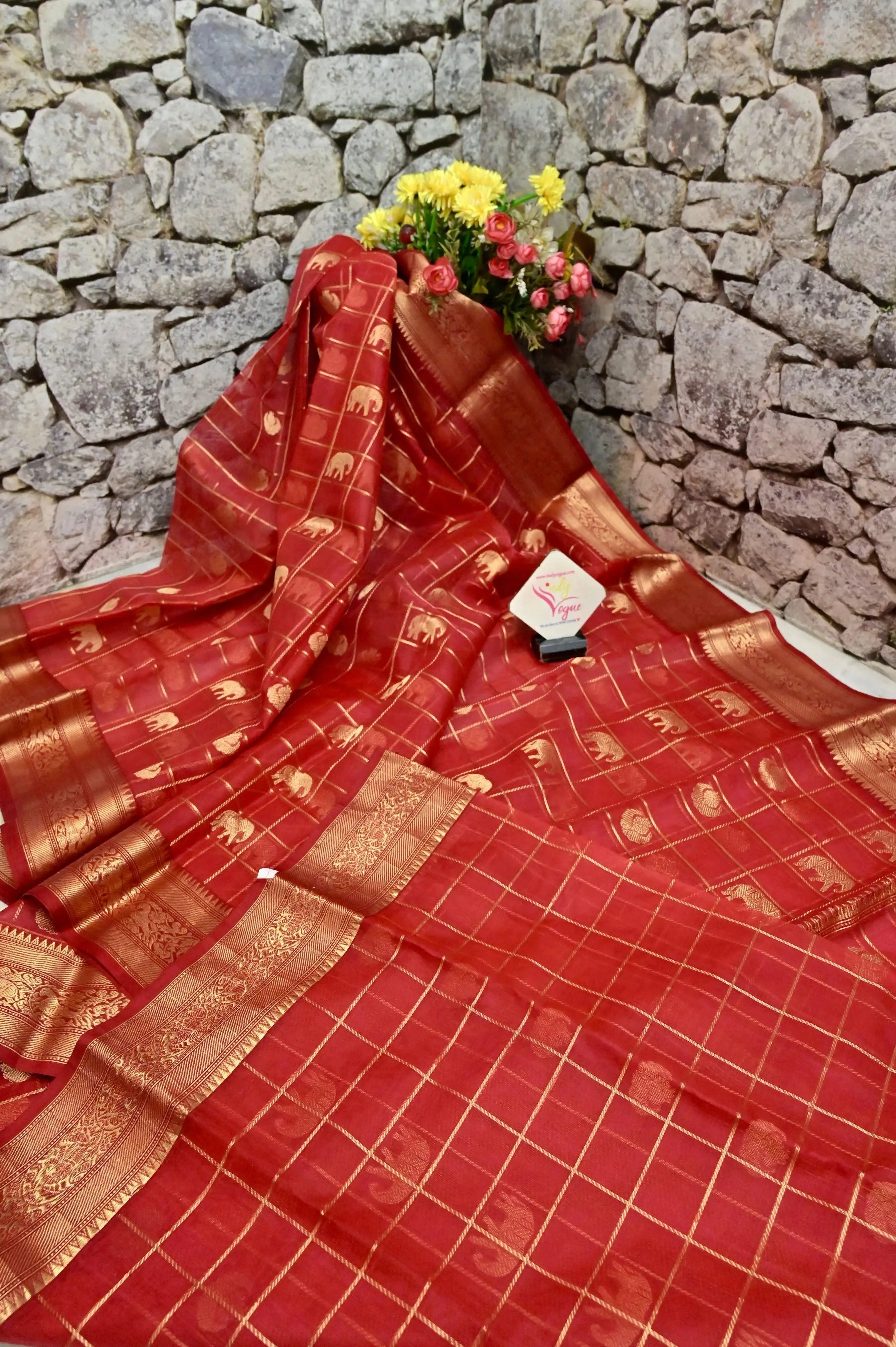 Brick Red Color Pure Chanderi Banarasi Saree with Golden Zari Checks