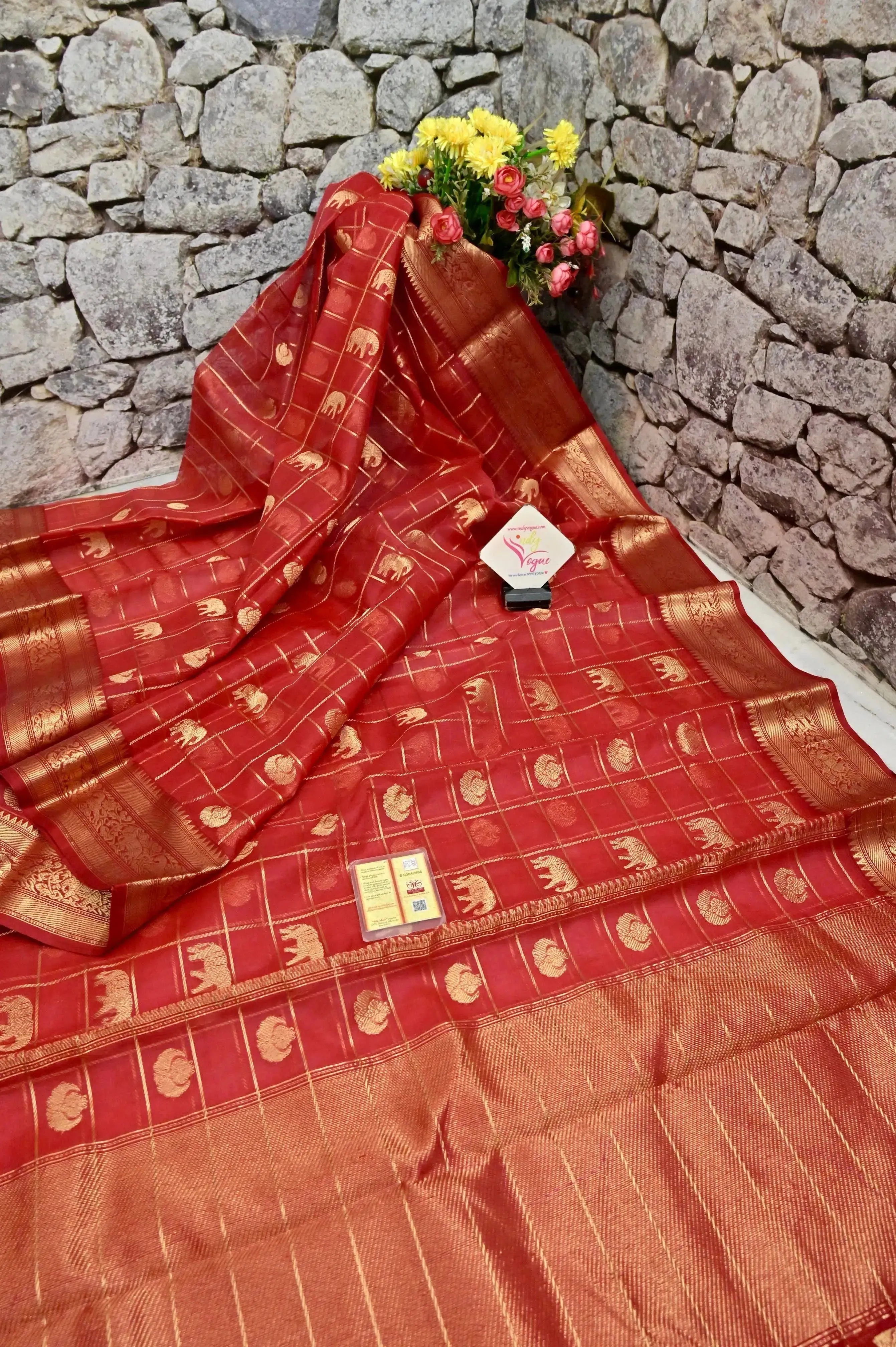 Brick Red Color Pure Chanderi Banarasi Saree with Golden Zari Checks