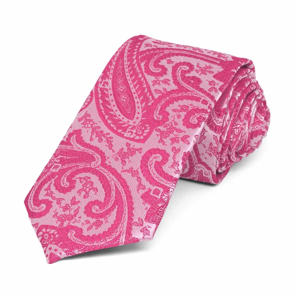 Bright Fuchsia Clara Paisley Slim Necktie, 2.5" Width