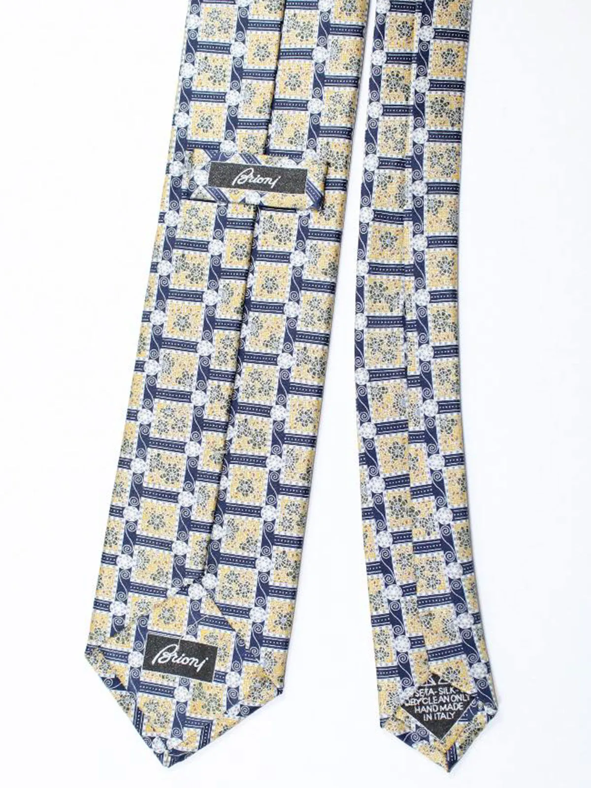 Brioni Tie Silver Dark Navy Mustard Geometric SALE