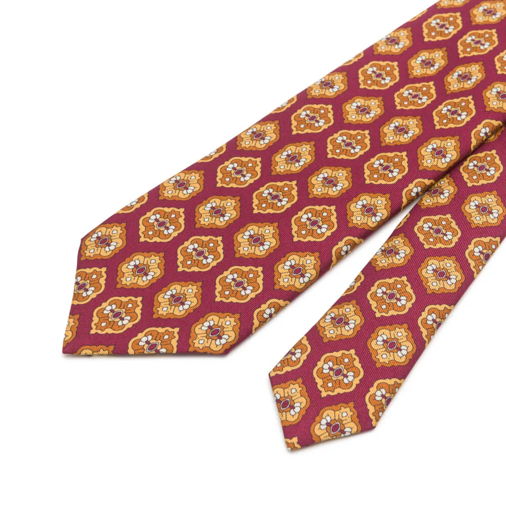 Burgundy Medallion Motif Twill Silk Tie