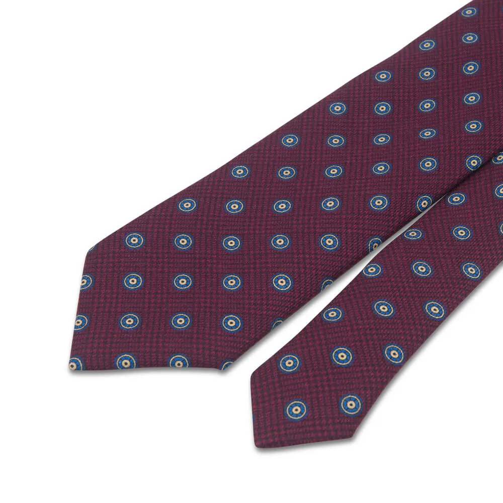 Burgundy Prince of Wales Round Motif Silk Wool Tie