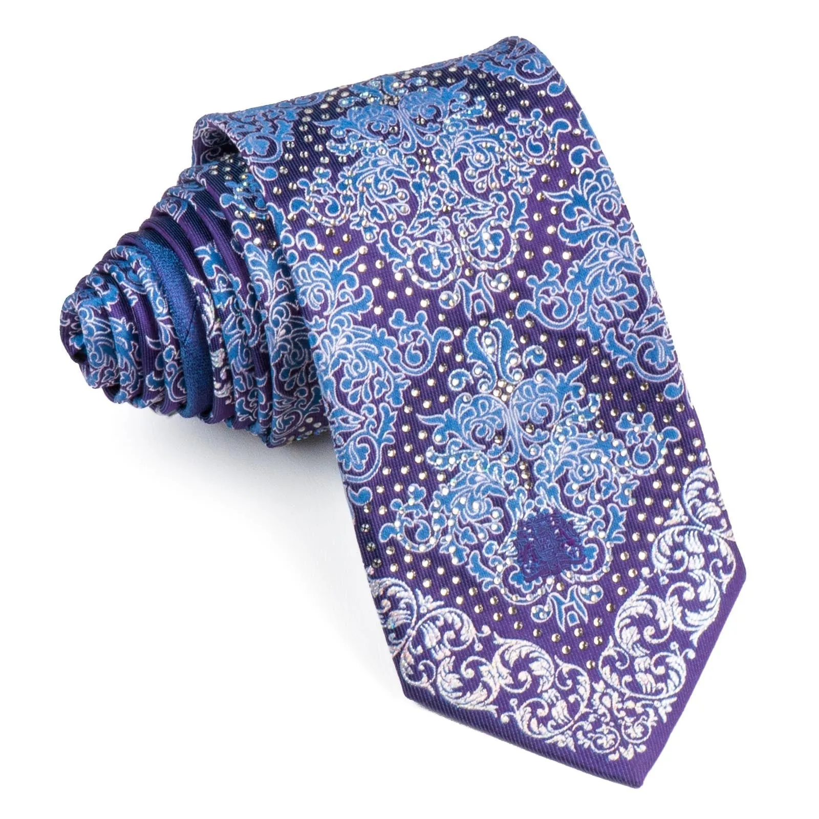 Cabrini Silk Necktie Silver & Blue Damask On Purple With Clear White Rhinestones