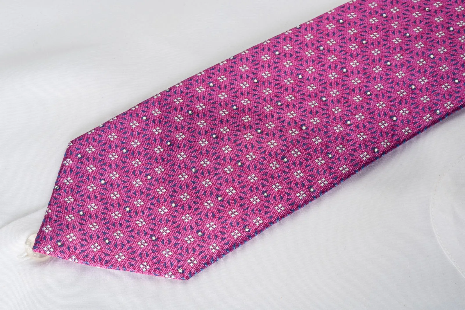 Cabrini Silk Necktie Silver Squares On Pink With Rhinestones