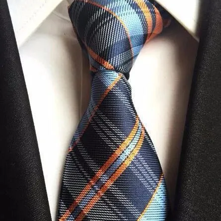 Classy Men Blue Orange Plaid Silk Tie