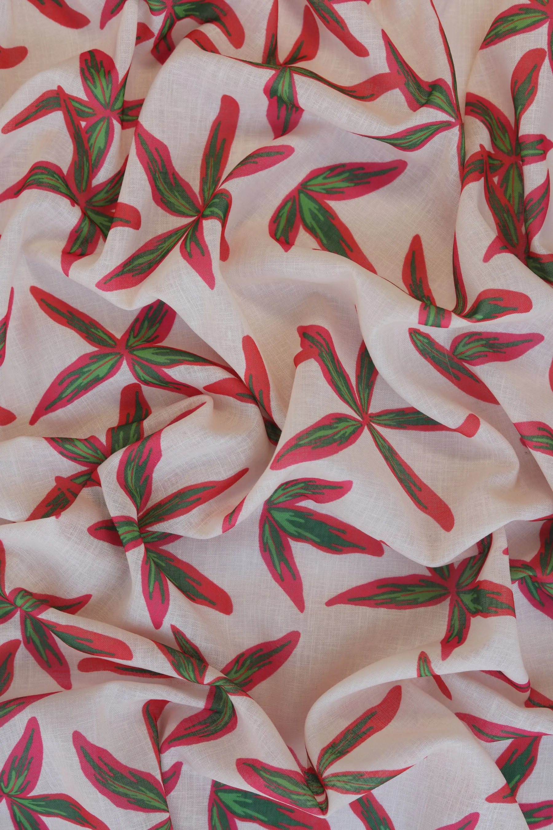 Cream and Olive Leaf Patten Printed Eco Poly Linen Fabric