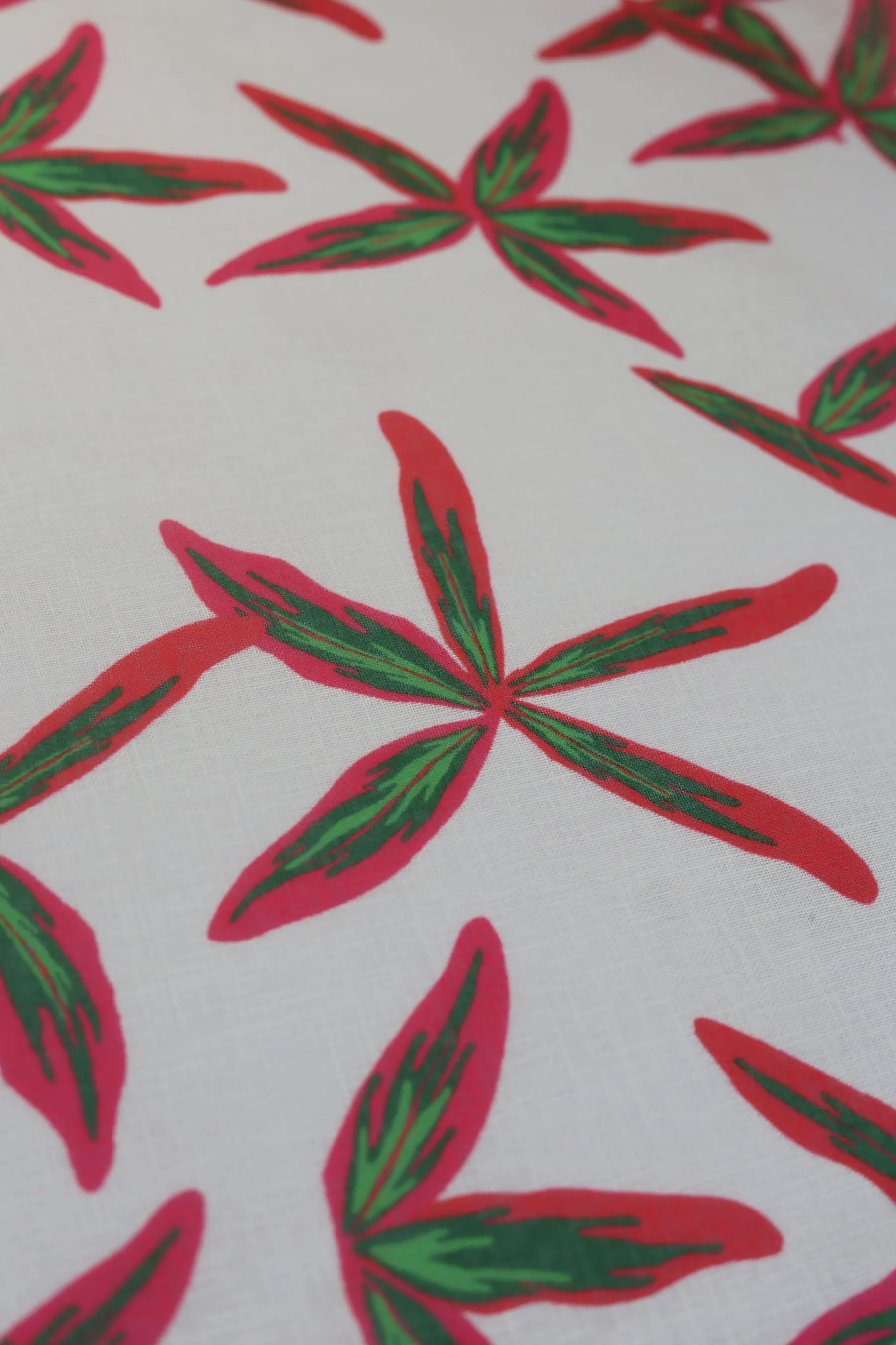 Cream and Olive Leaf Patten Printed Eco Poly Linen Fabric