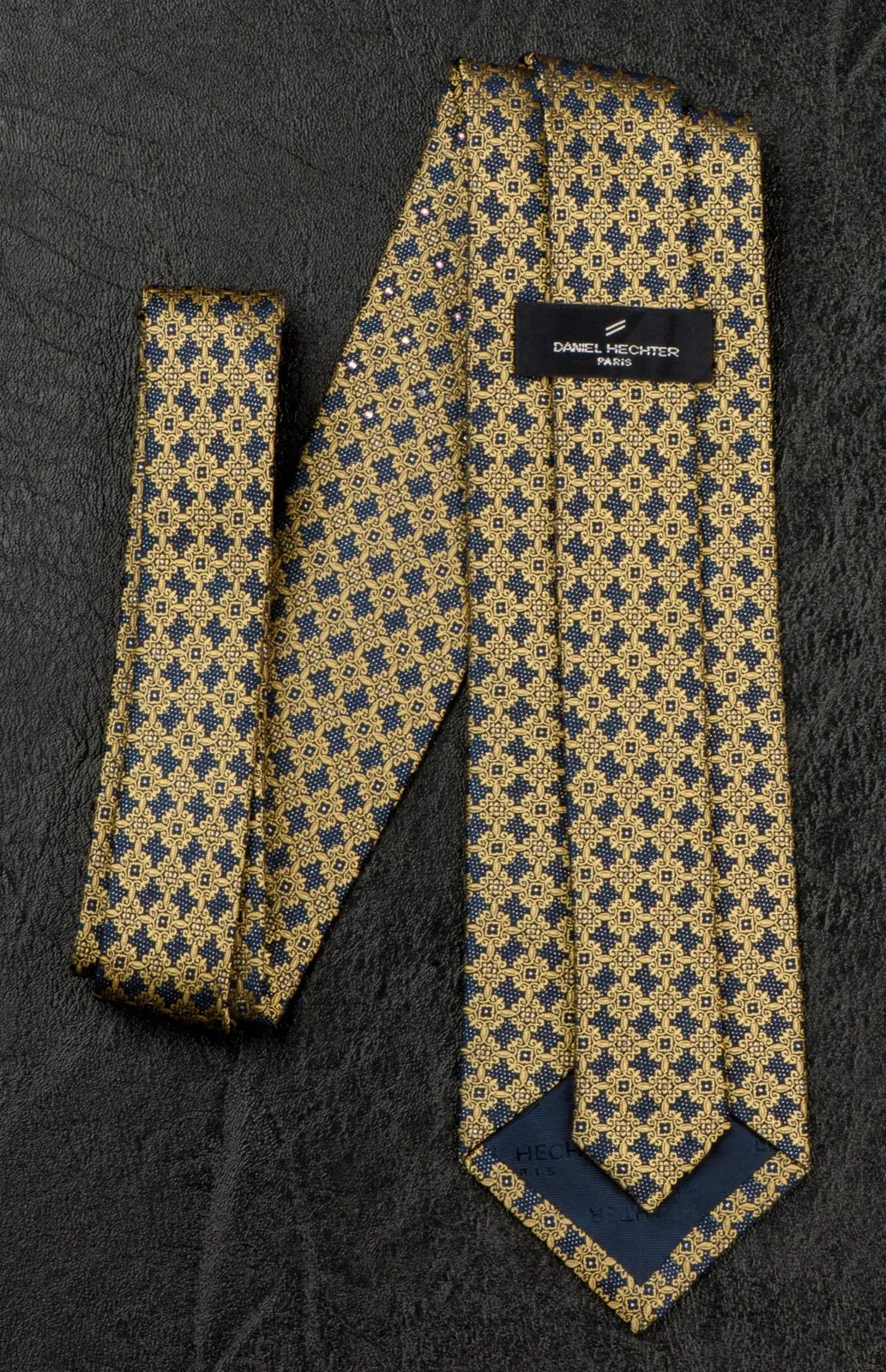 Daniel Heckter Men's Silk Rhinestone Tie Yellow Trellis On Blue With Silver Sparkles