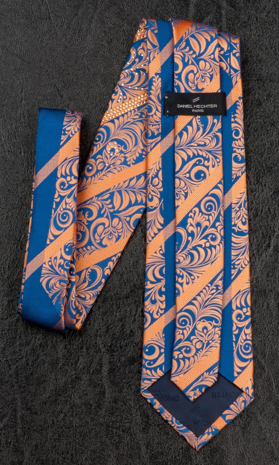 Daniel Heckter Rhinestone Silk Neck Tie Bronze Gold Floral Striped On Blue