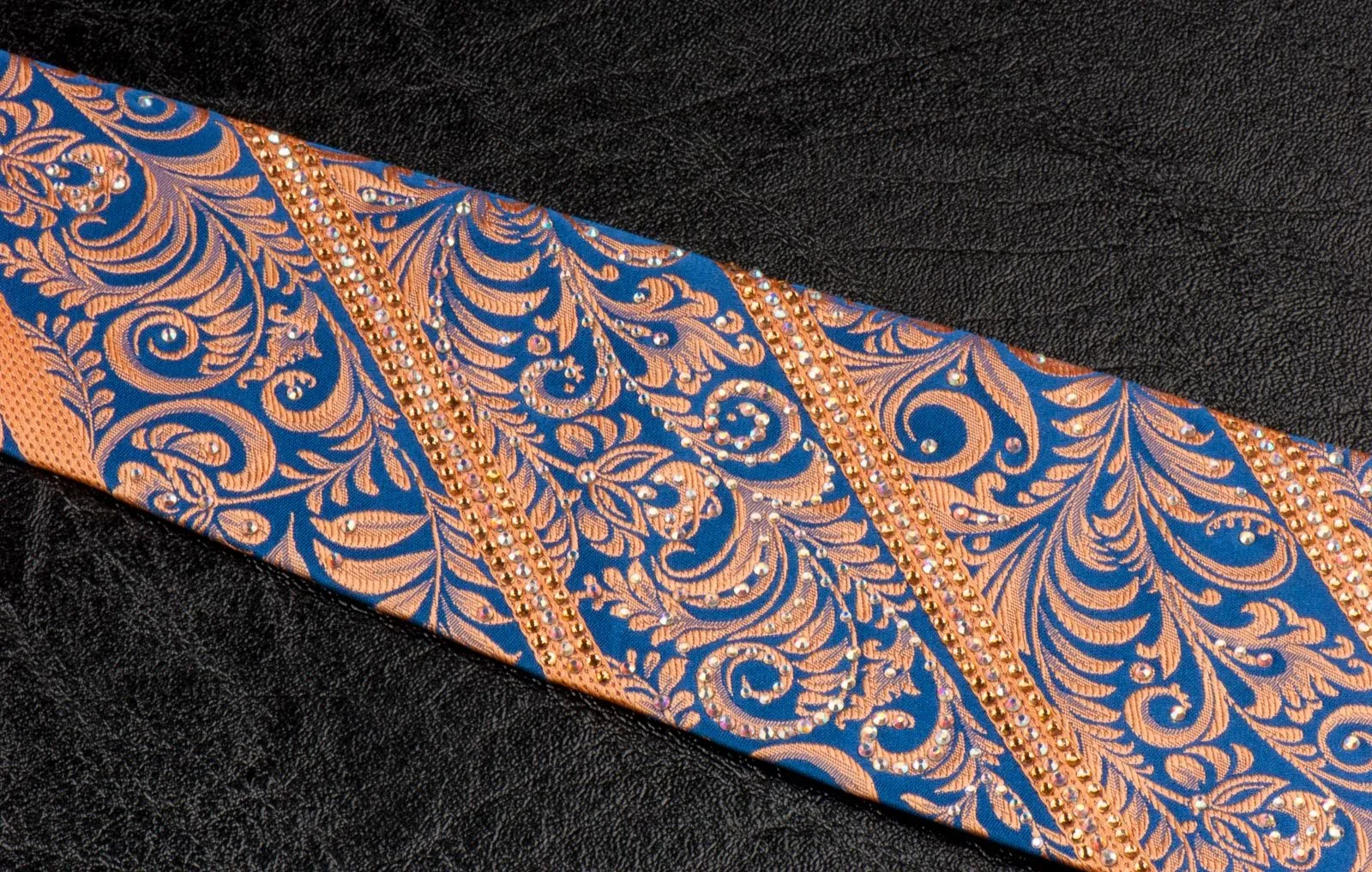 Daniel Heckter Rhinestone Silk Neck Tie Bronze Gold Floral Striped On Blue