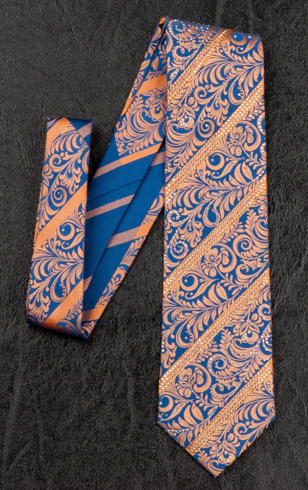 Daniel Heckter Rhinestone Silk Neck Tie Bronze Gold Floral Striped On Blue