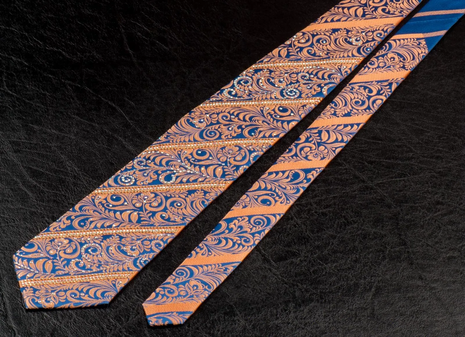 Daniel Heckter Rhinestone Silk Neck Tie Bronze Gold Floral Striped On Blue