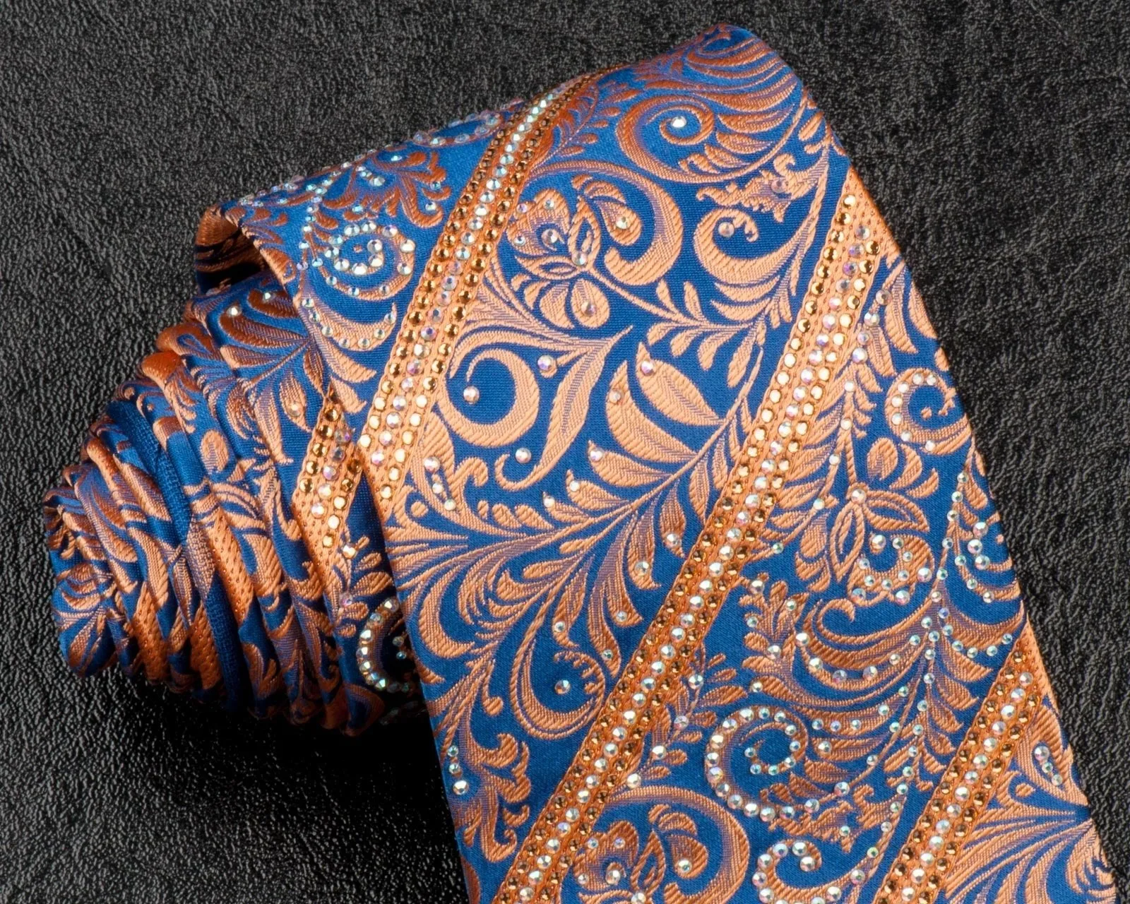 Daniel Heckter Rhinestone Silk Neck Tie Bronze Gold Floral Striped On Blue