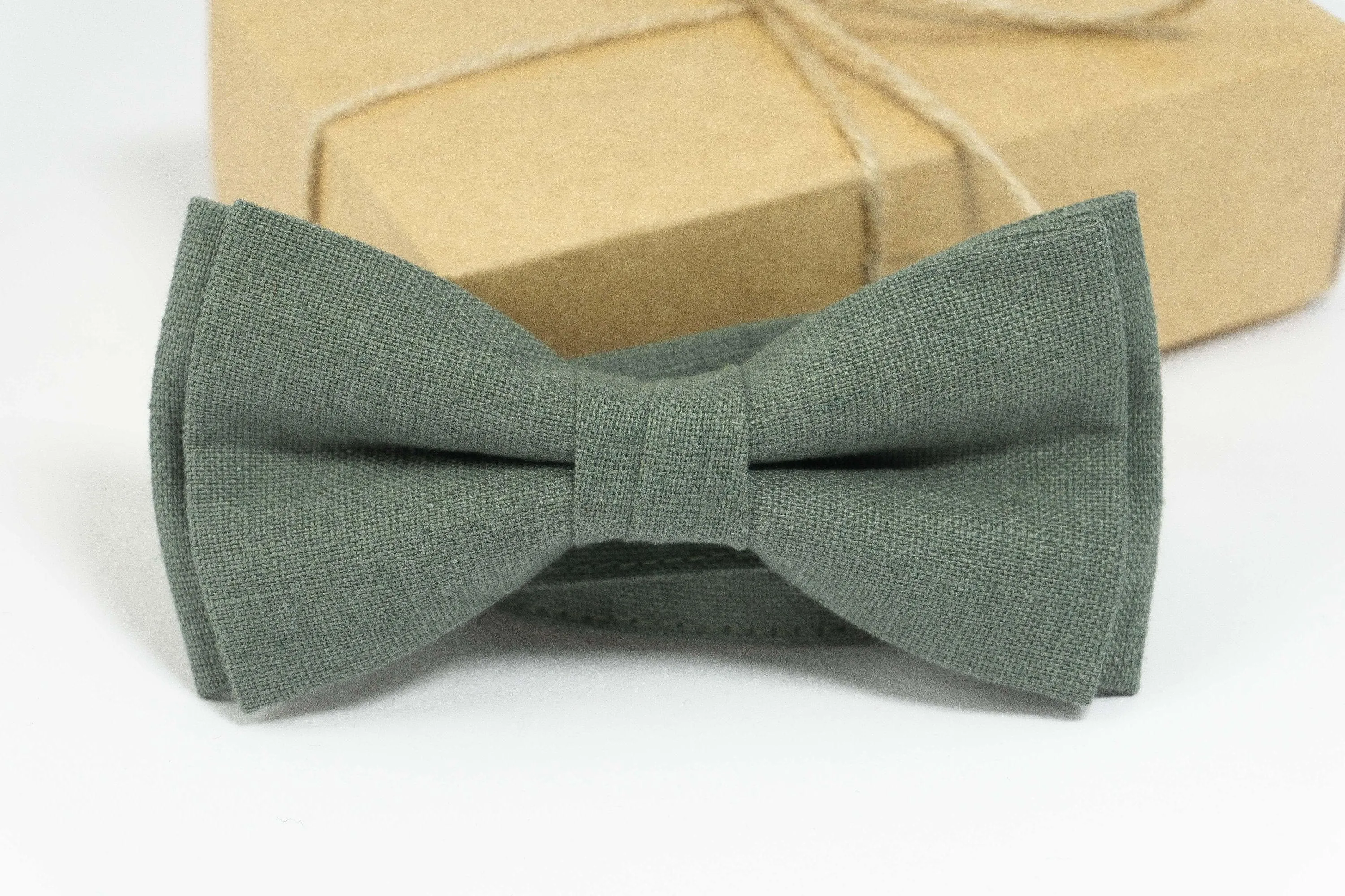 Dark Sage Green Linen Bow Tie for Men