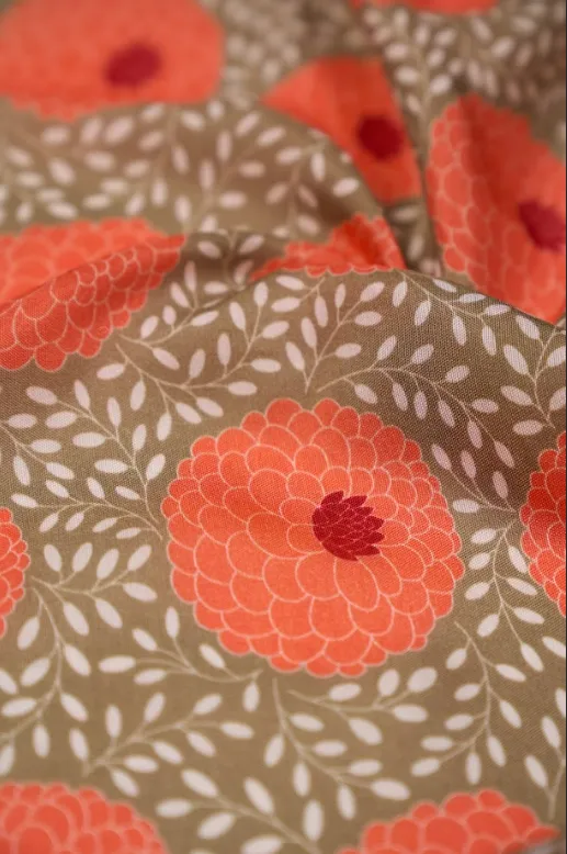 Deco Pattern Printed Marigold Motif Natural Muslin Silk Fabric