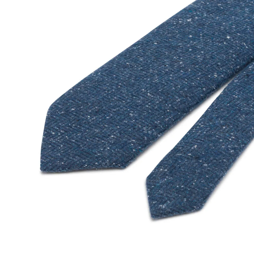 Denim Blue Herringbone Cotton Silk Wool Tie