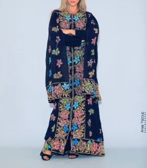 Distinctive Navy Grape Leaves Palestinian Embroidered Colorful Zippered Abaya Slit Sleeve