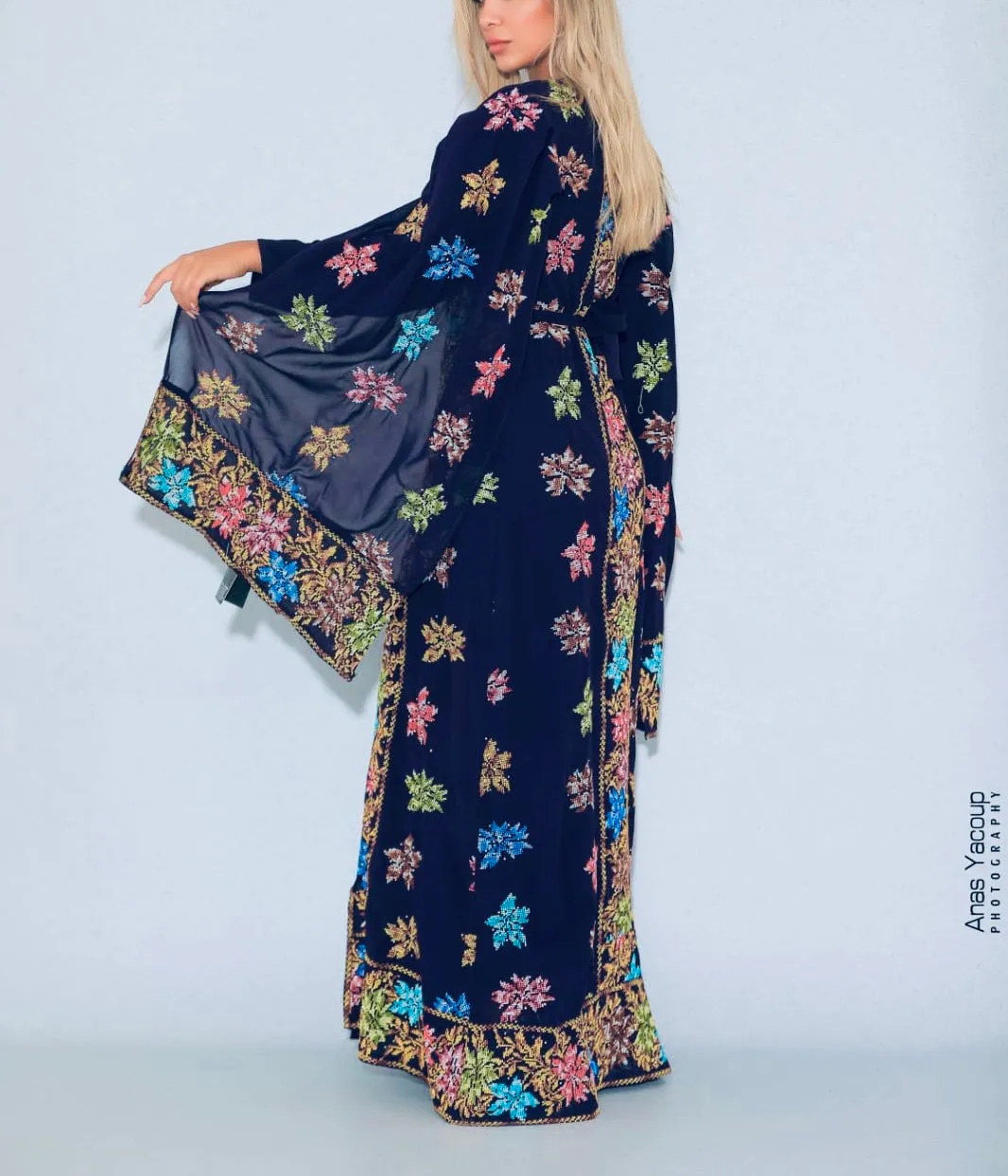 Distinctive Navy Grape Leaves Palestinian Embroidered Colorful Zippered Abaya Slit Sleeve