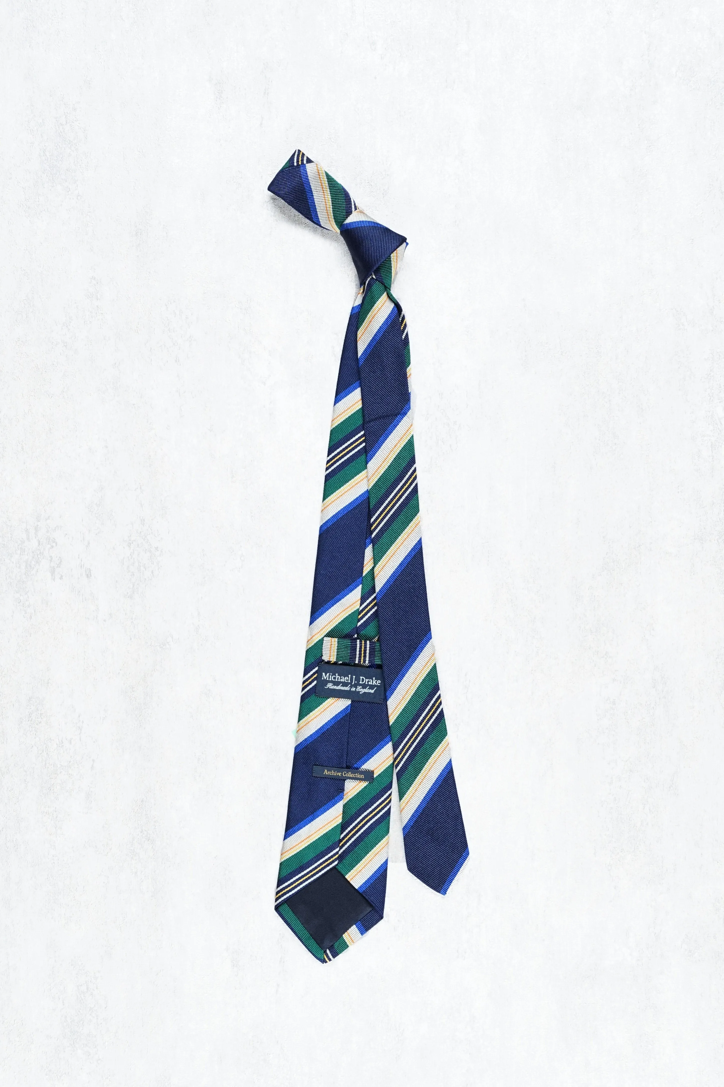 Drake's Navy with Grey/Green/Blue/Orange/Yellow Stripe Silk Tie