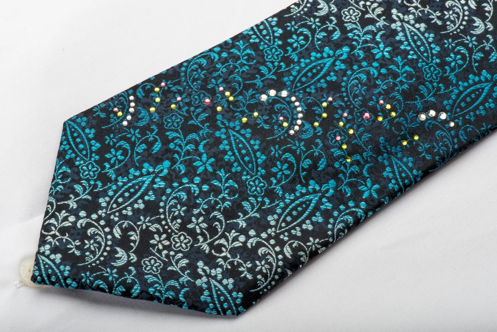 Elegance Men's Silk Necktie Acanthus On Blue Sparkling With Crystal Rhinestones