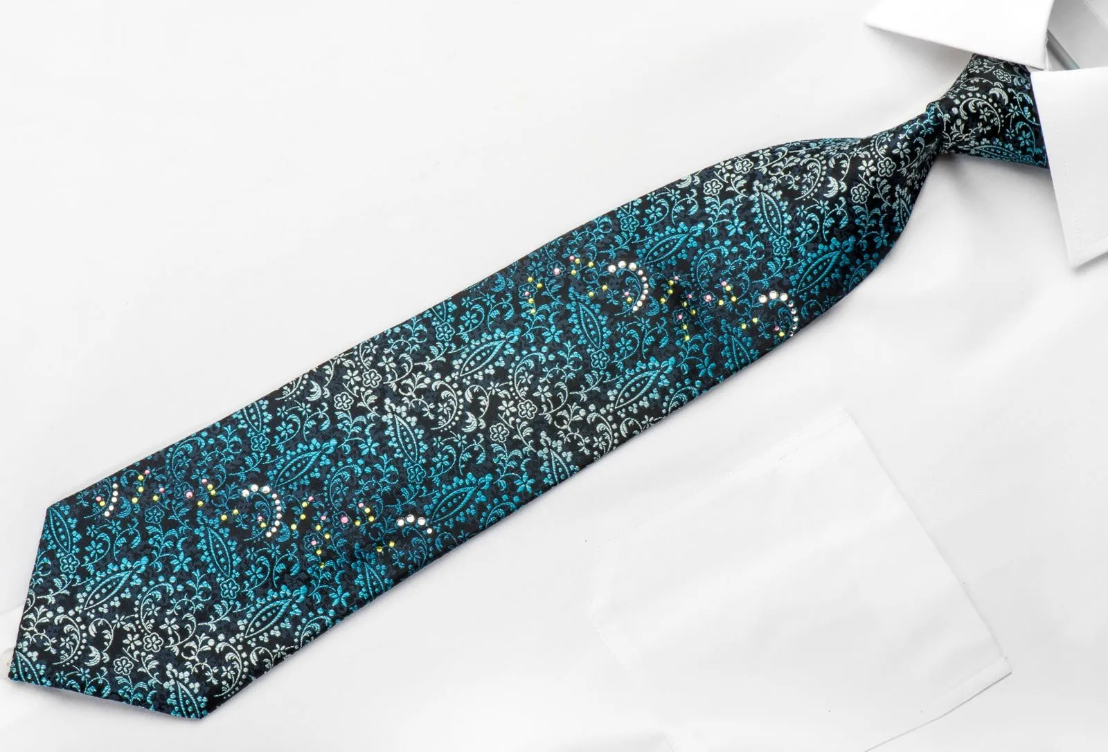 Elegance Men's Silk Necktie Acanthus On Blue Sparkling With Crystal Rhinestones