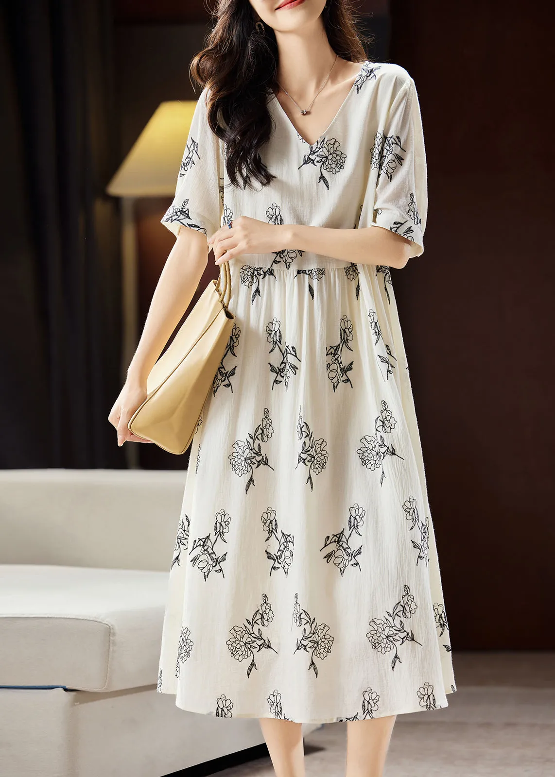 Elegant Beige Embroidered Floral Patchwork Maxi Dress Short Sleeve WW032