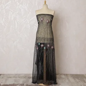 Elegant Black Nylon Tulle with Multicolor Floral Embroidery, 140 cm Wide â€“ Whimsical Dot and Flower Design-D19254