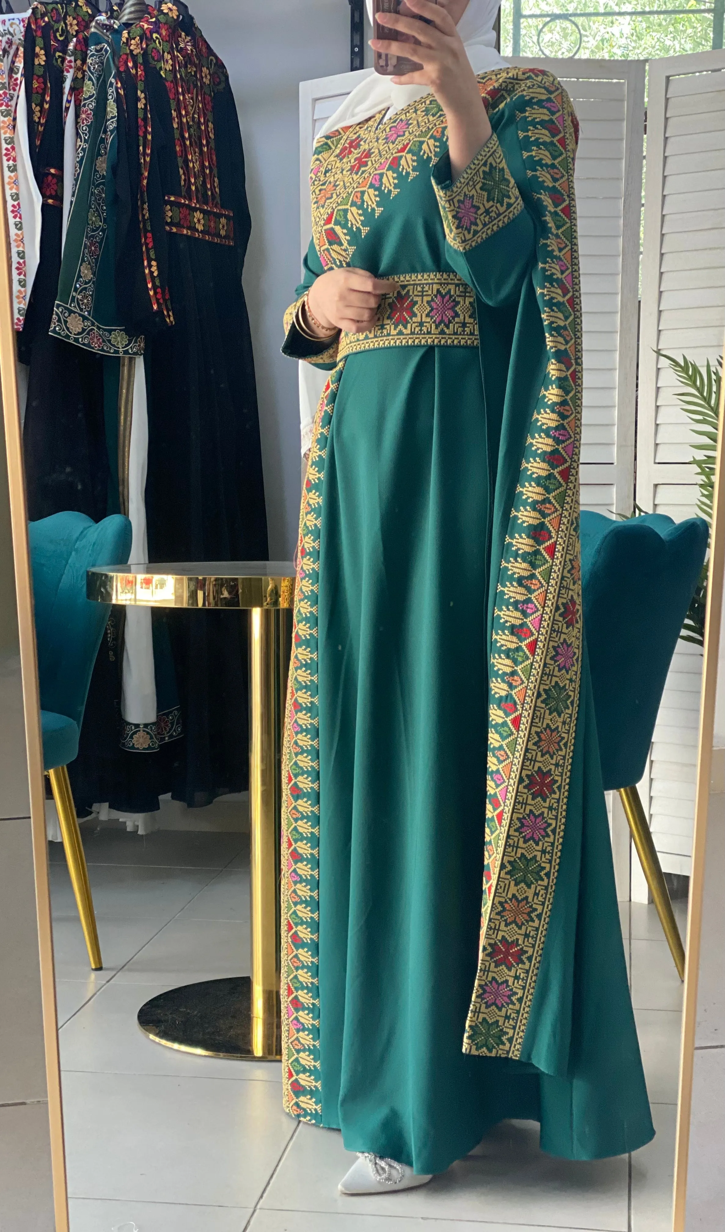 Elegant Green Shoulder Details Embroidered Dress