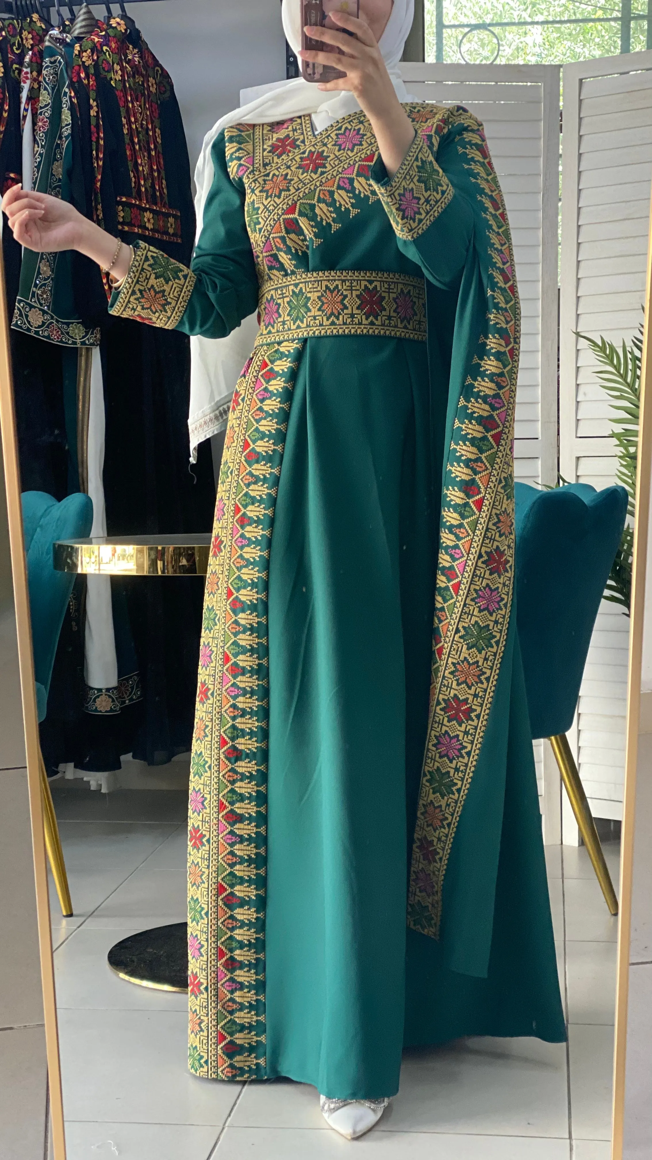 Elegant Green Shoulder Details Embroidered Dress