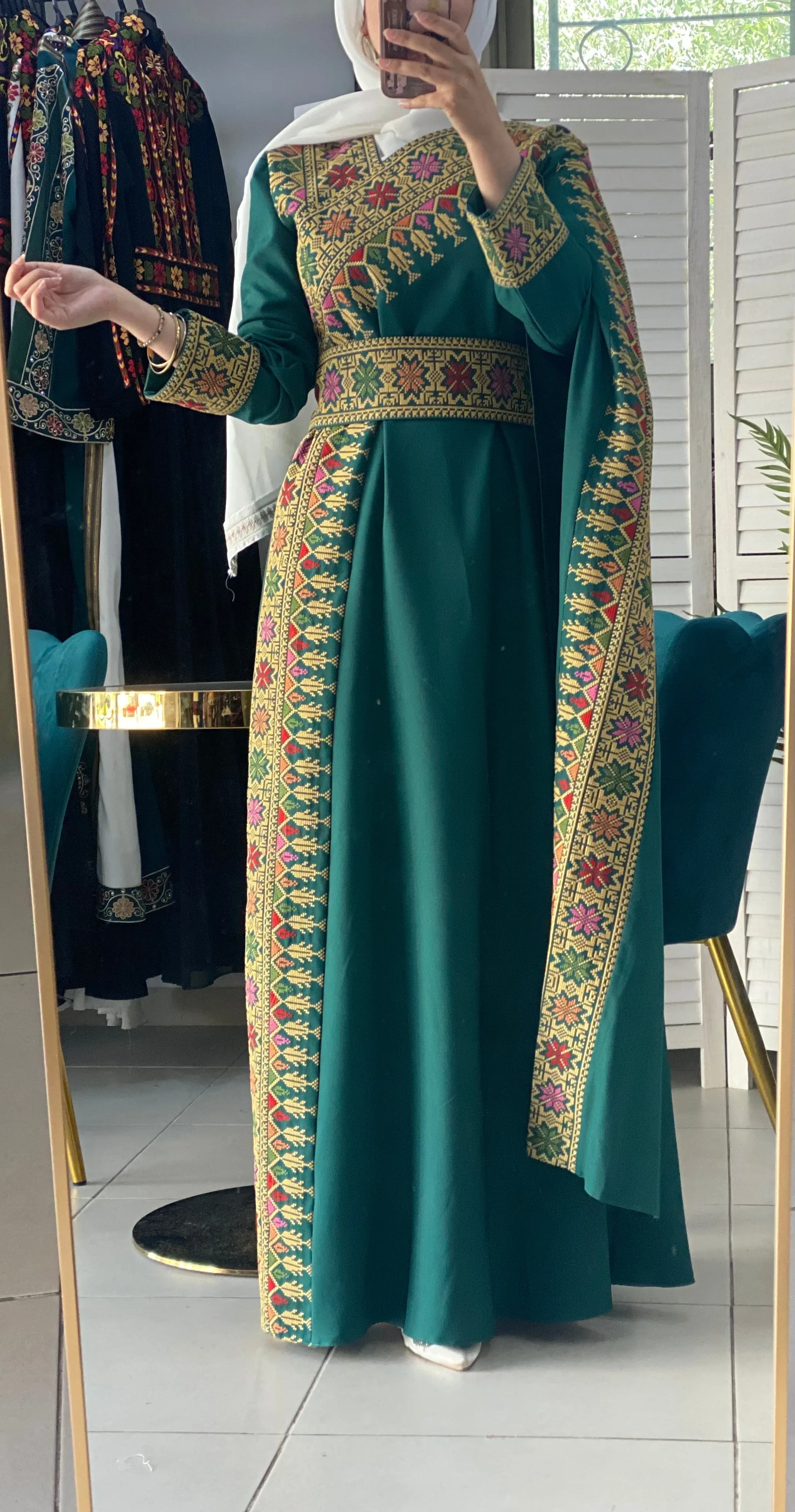 Elegant Green Shoulder Details Embroidered Dress