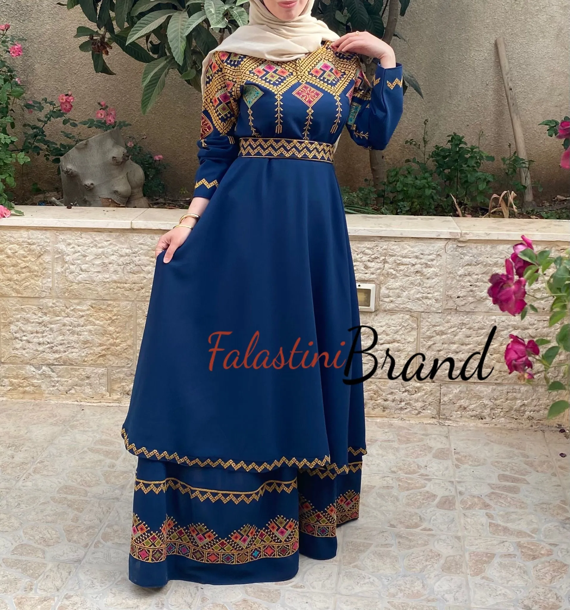 Elegant Navy Palestinian Embroidered Cloche Layered Dress