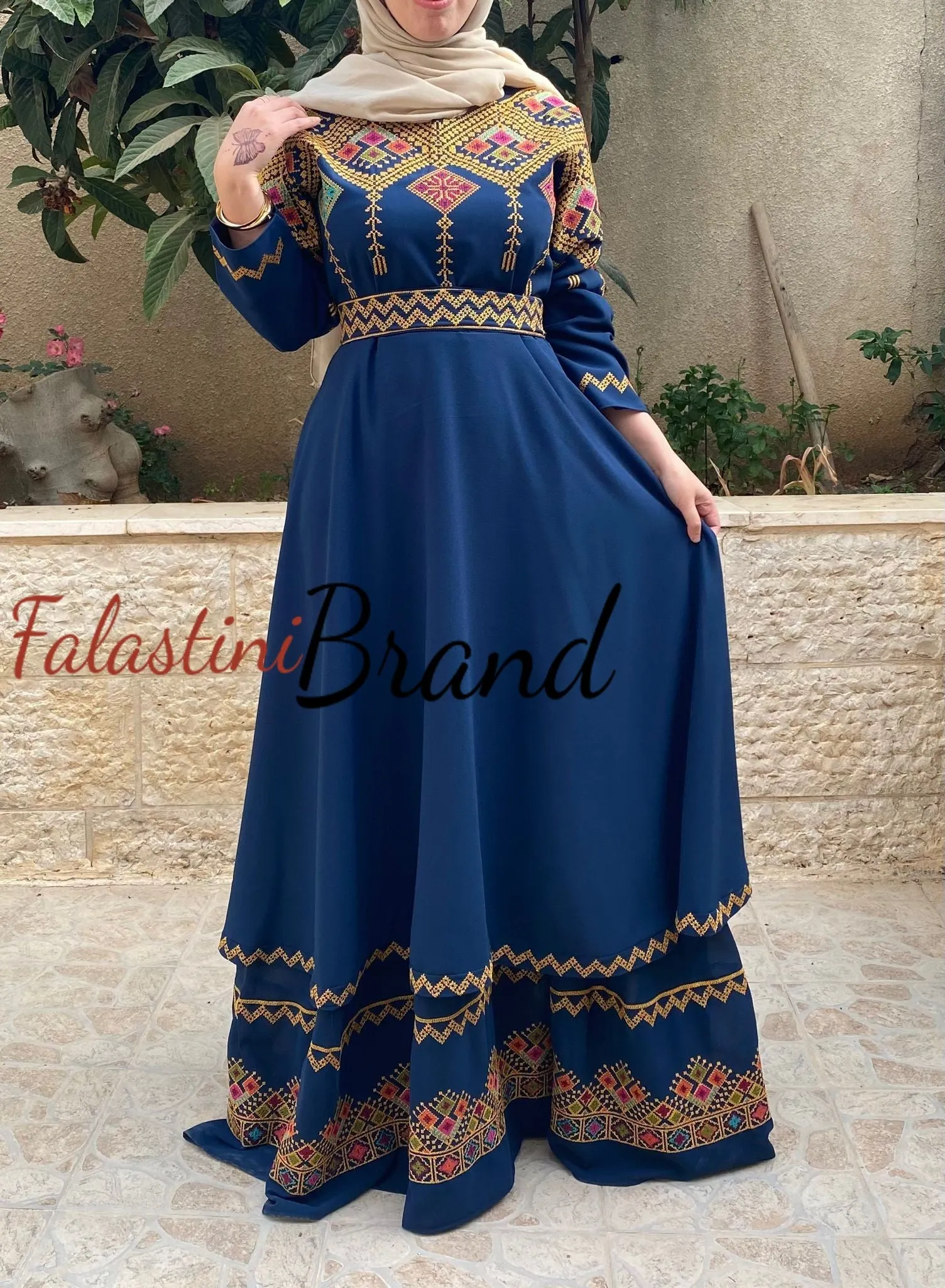 Elegant Navy Palestinian Embroidered Cloche Layered Dress