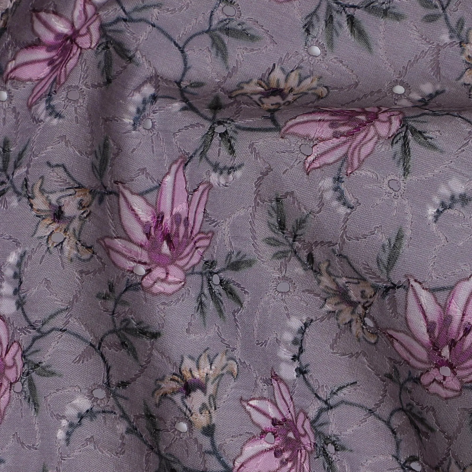 Elegant Purple Floral blended Cotton Lawn Fabric with Embroidery - 110 cm Wide - D19587