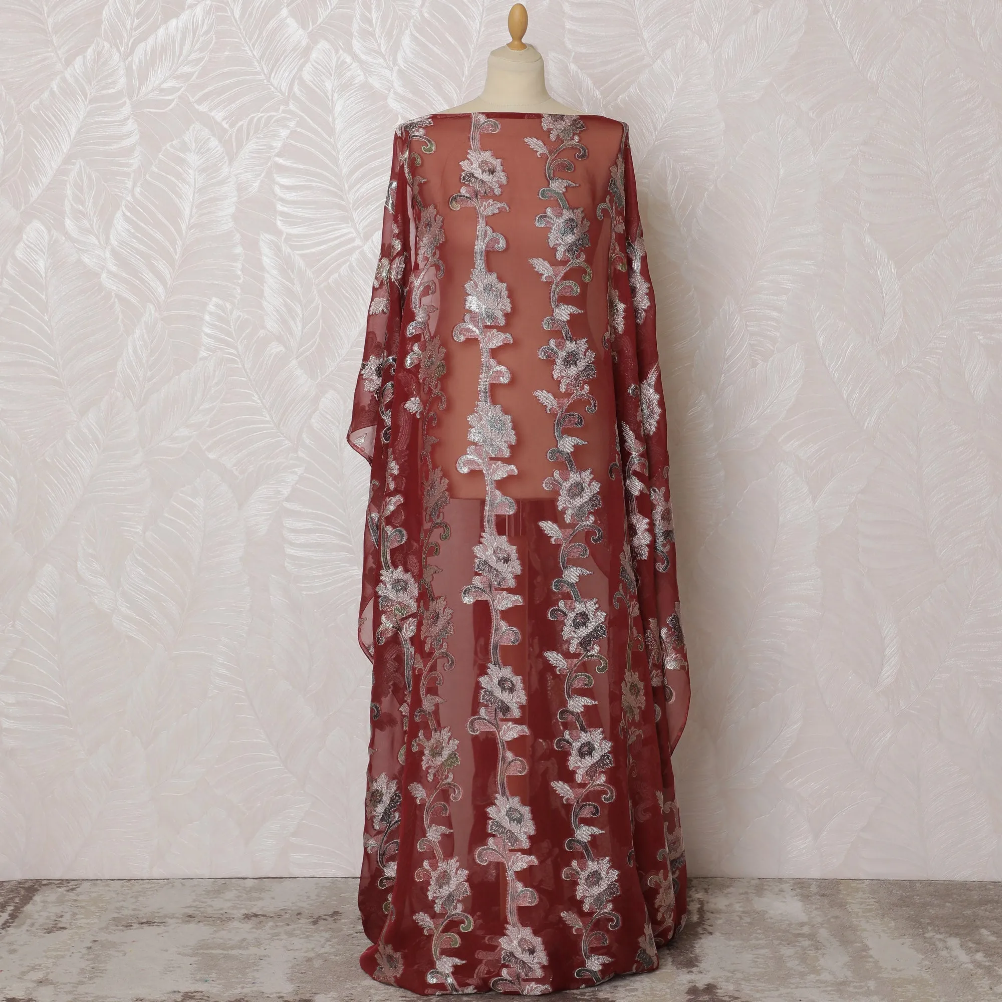 Elegant Red and Silver Floral Pattern Pure French Silk (Fransawi Dirac) Chiffon Fabric – 140 cm Wide X 3.5 Mtrs-D19847