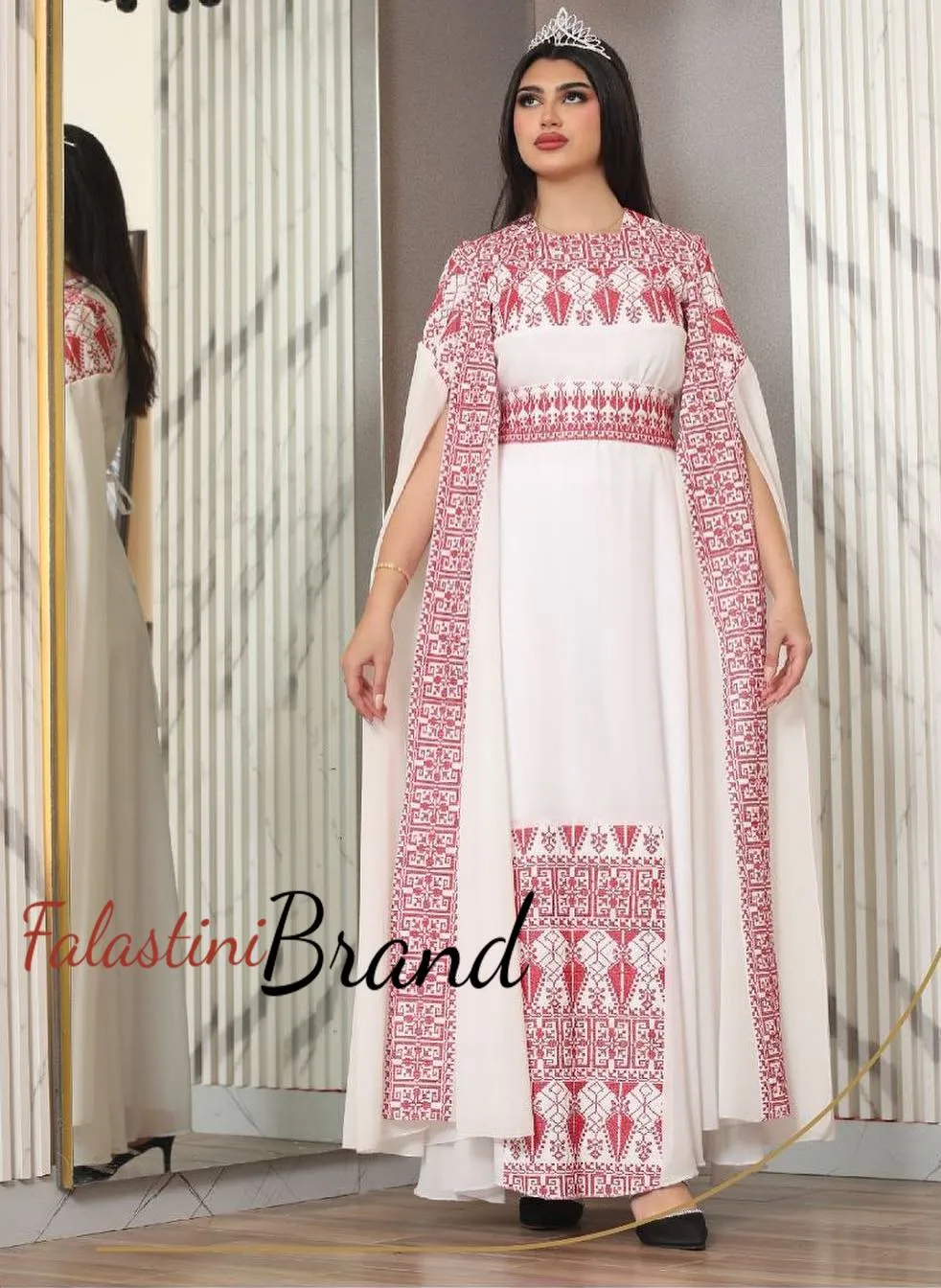 Elegant Royal Off White and Red Embroidered Dress