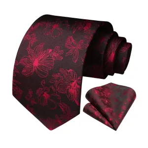 Floral Tie Handkerchief Set - A34-BLACK/RED