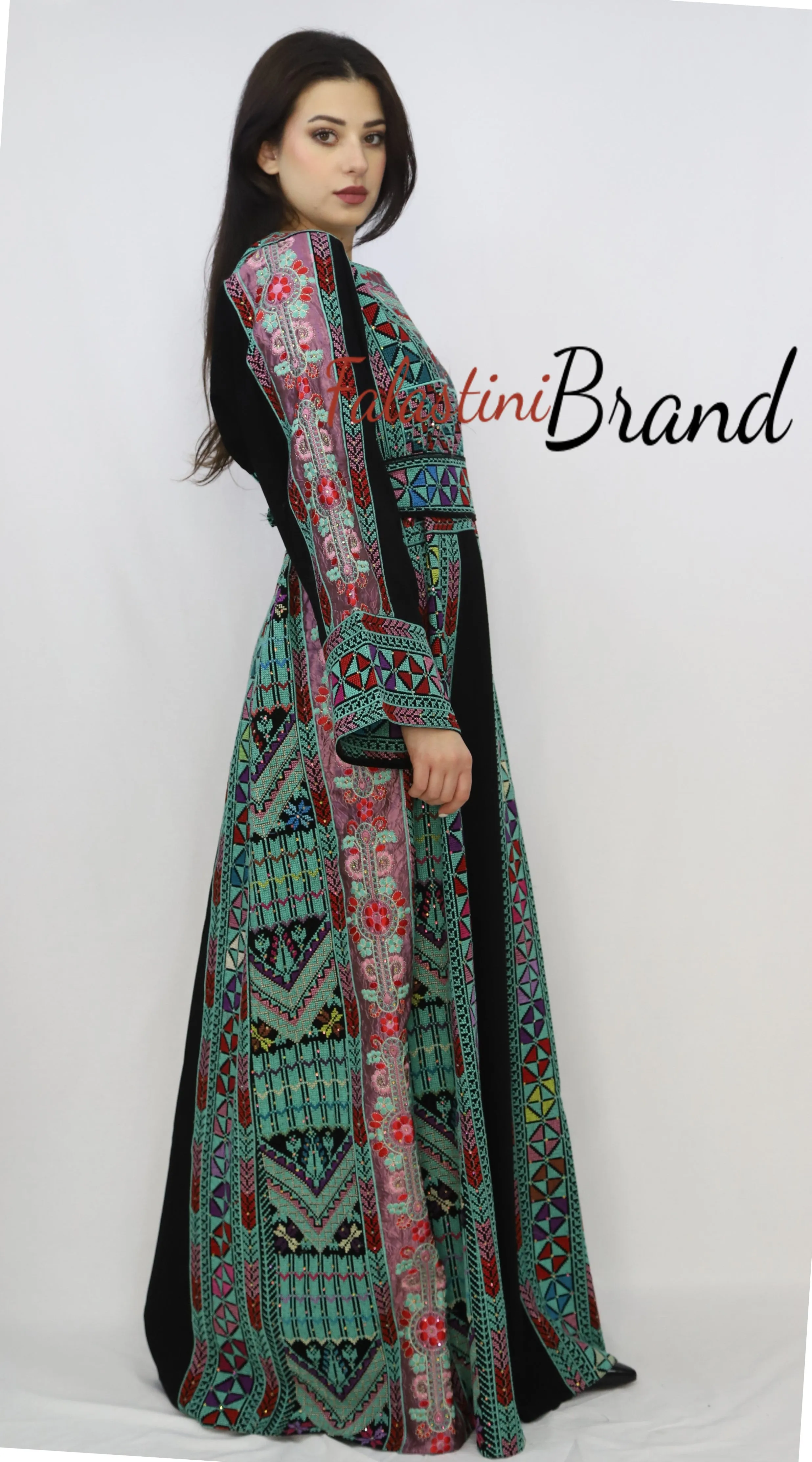 Gorgeous Black and Green Full Details Palestinian Embroidered Dress With Satin