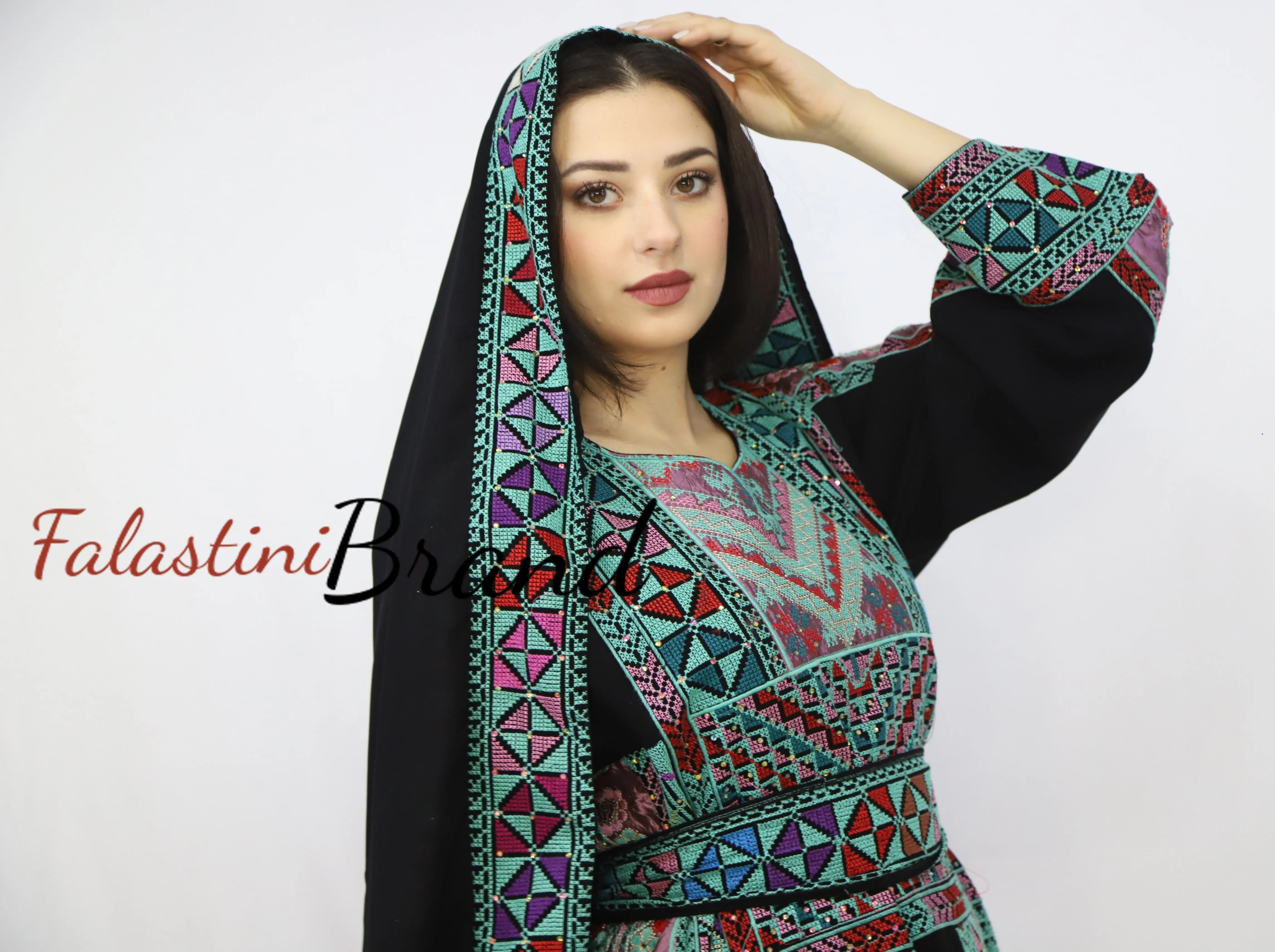 Gorgeous Black and Green Full Details Palestinian Embroidered Dress With Satin