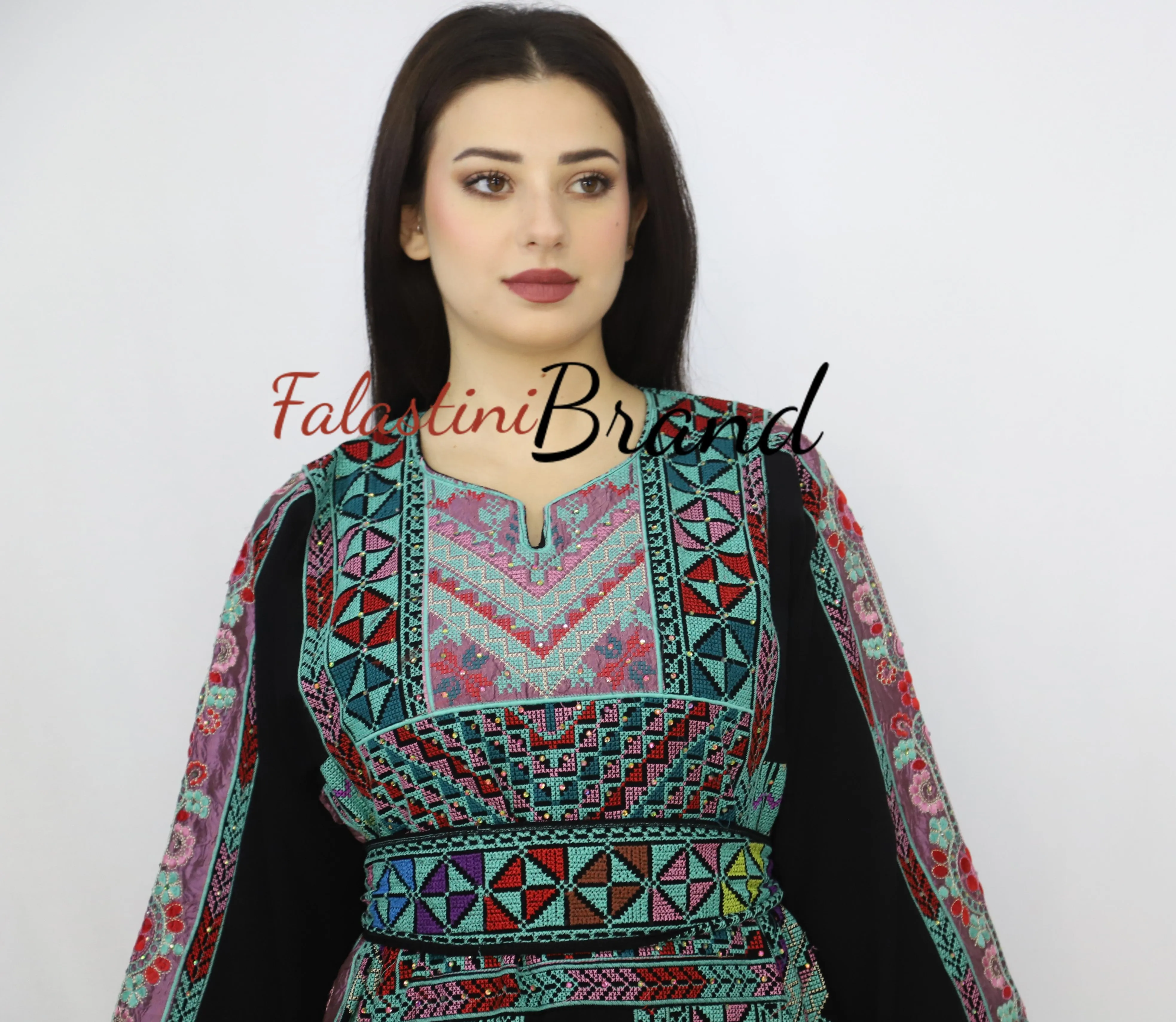 Gorgeous Black and Green Full Details Palestinian Embroidered Dress With Satin