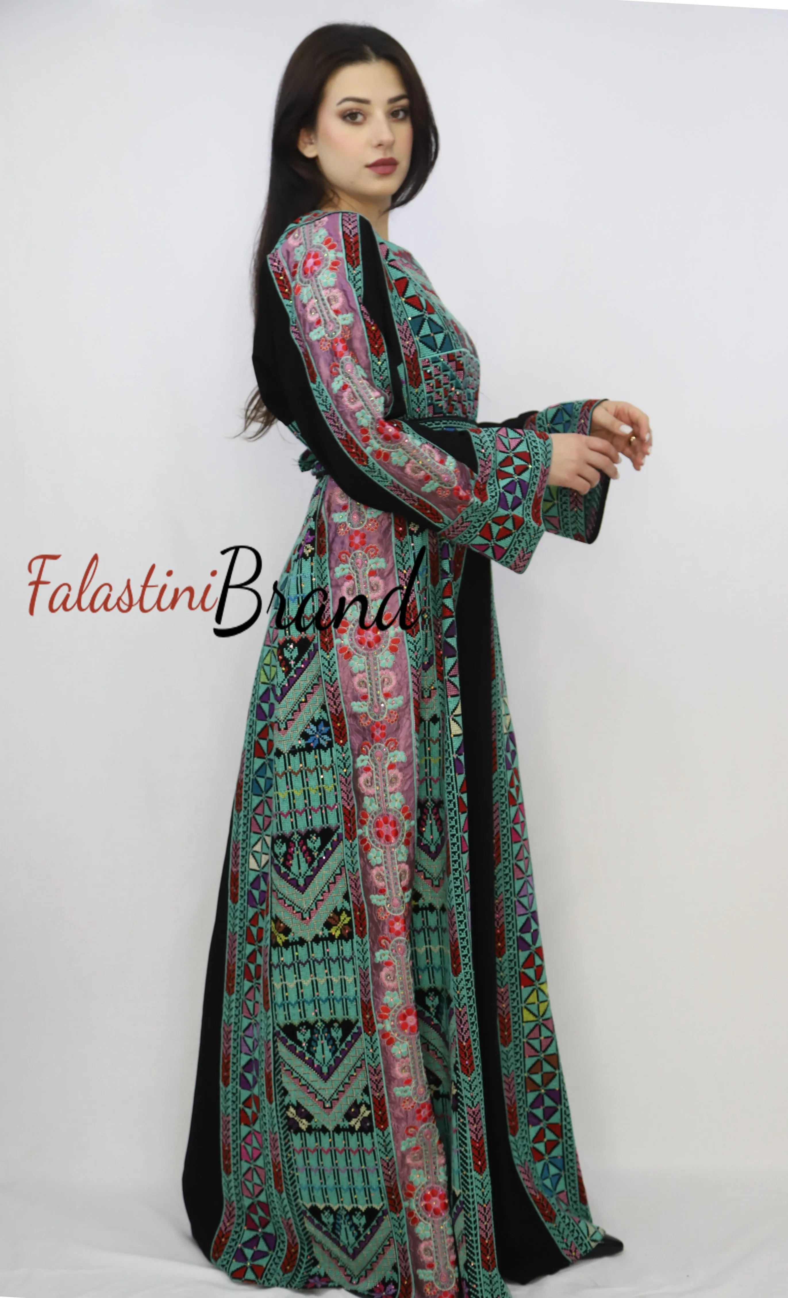 Gorgeous Black and Green Full Details Palestinian Embroidered Dress With Satin