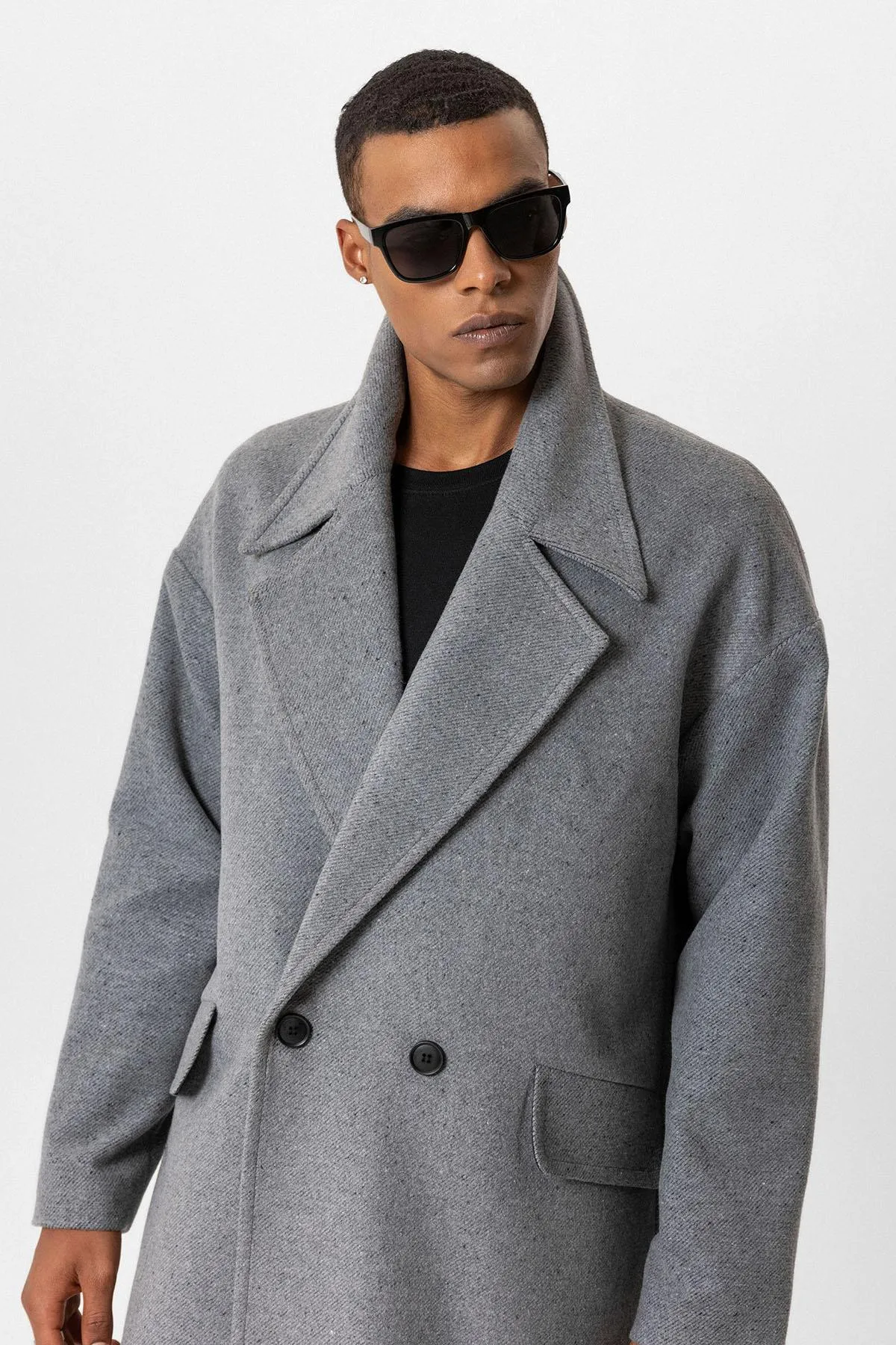 Gray Wool-Blend Double-Breasted Men's Coat - Wessi