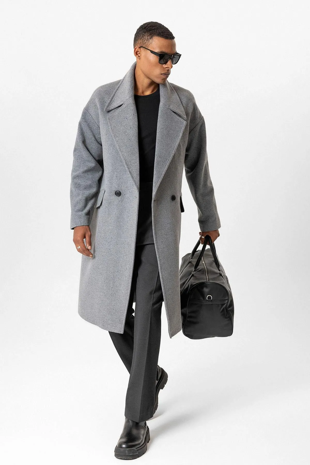 Gray Wool-Blend Double-Breasted Men's Coat - Wessi